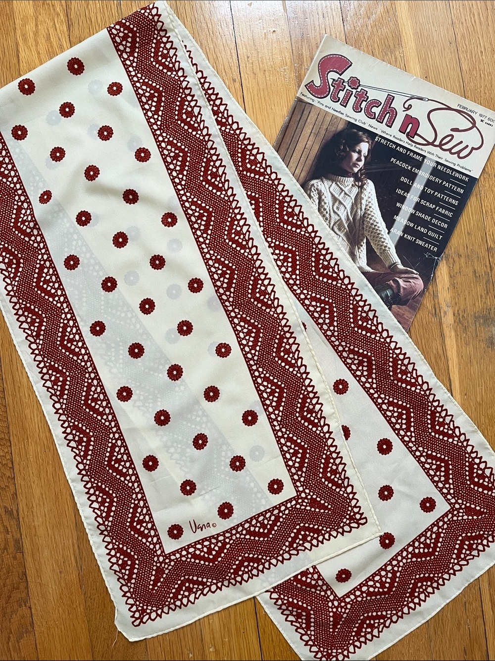 70s Vintage Vera Long Scarf Rust Red Brown & Cream Hand Rolled Headscarf